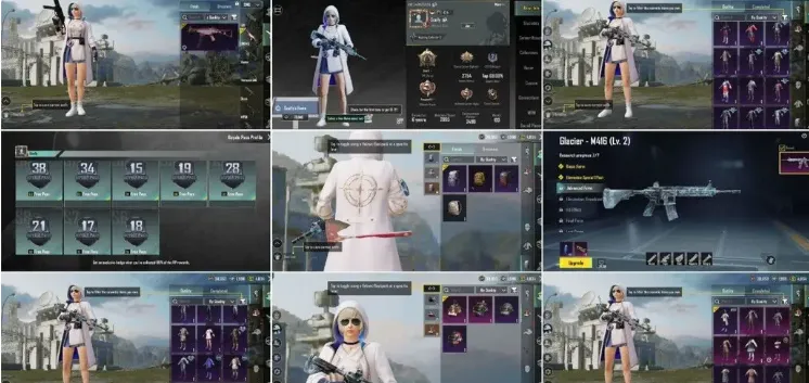 PGM522 Glacier M416 Level 1+Material, Groza & MG3 Lv1, 2 Mythic Sets, 65 Outfits, MK14, 5 UMP45 Skins, Sedan & Buggy, Rename Cards (G)